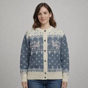 Vintage Knit Sweater With Peacock Designs, Blue, Pink, And Cream, 100% Wool